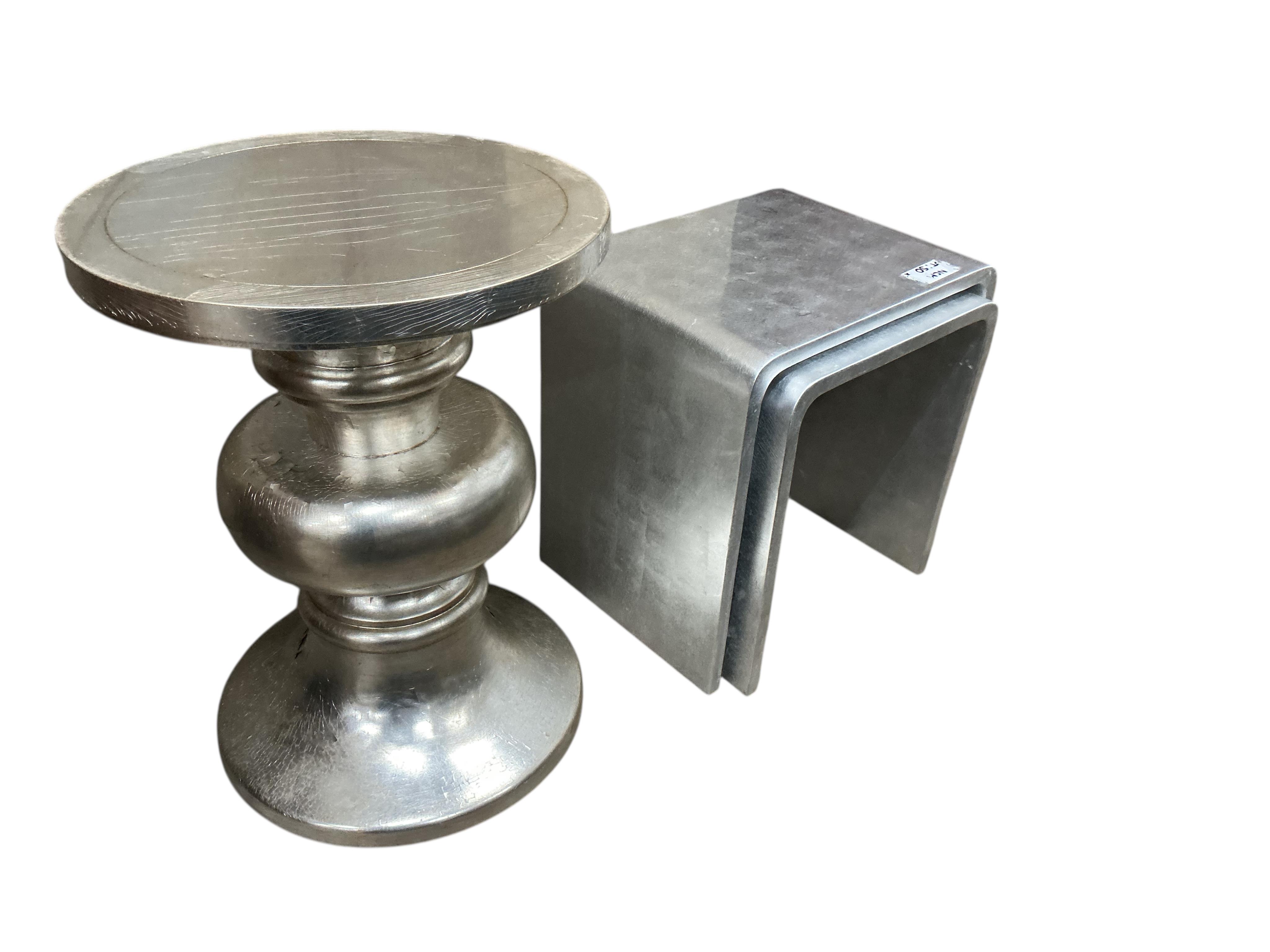 A Contemporary silvered circular occasional table, diameter 46cm, height 61cm together with a nest of two Contemporary silvered tea tables